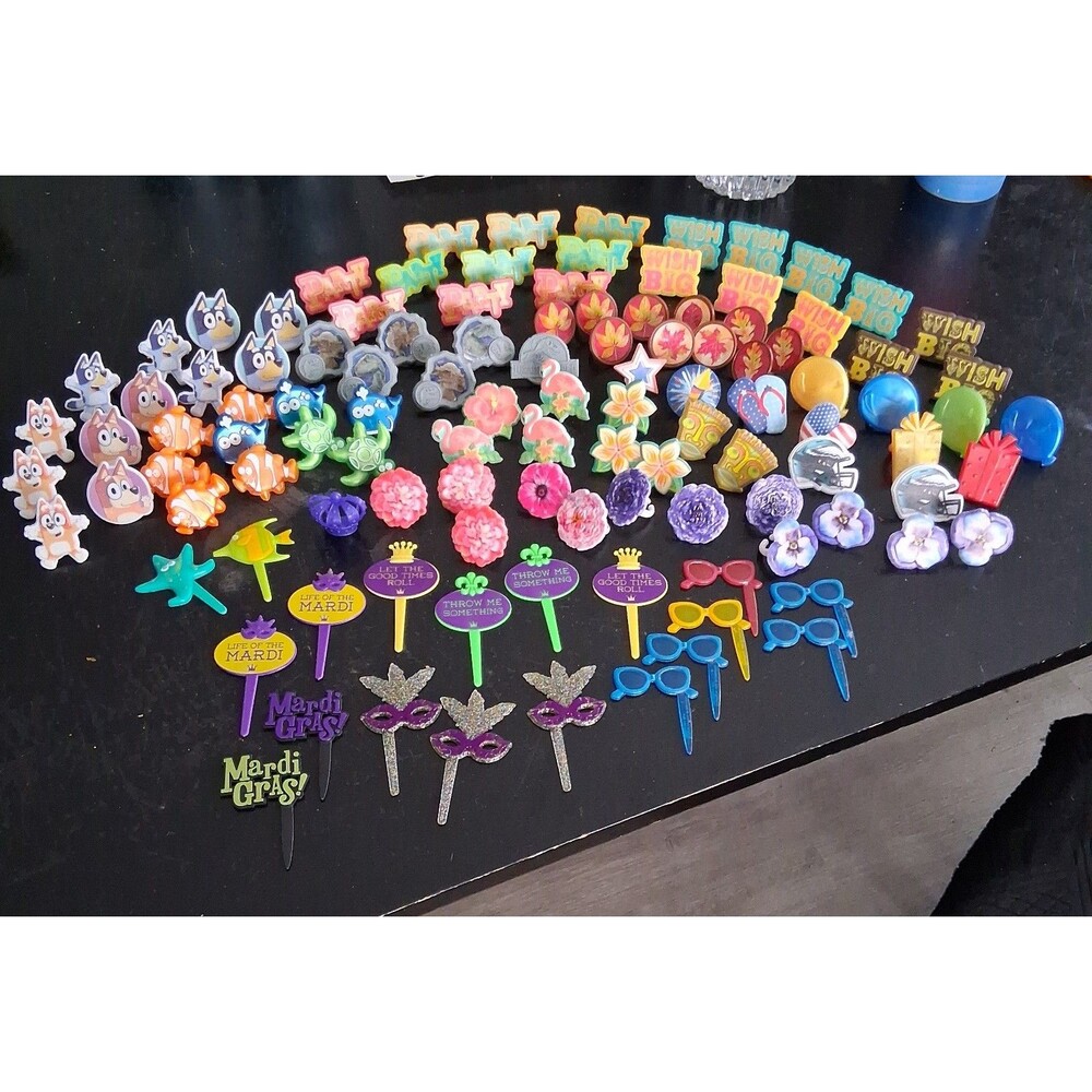 111 Cupcake Cake Rings Picks Party Decorations Mardi Gras Beach Luau Bluey Dinos